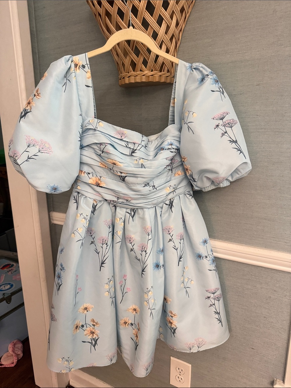 Self-Portrait Powder Blue Floral Dress with Puff Sleeves